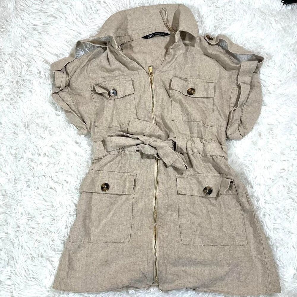Zara Womens Mini Dress Size S Beige Short Sleeve Collar Zip Up Belted Pockets S